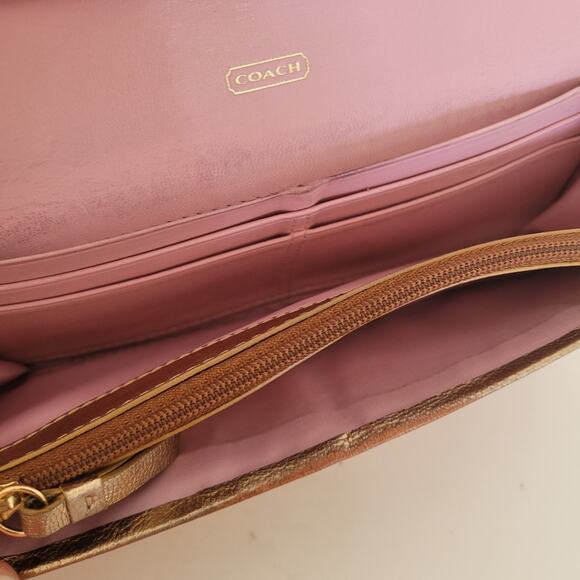 Coach Wallet All Leather Envelope 8x4 Large Buckle Gold Pink Metallic Clutch - Picture 4 of 9